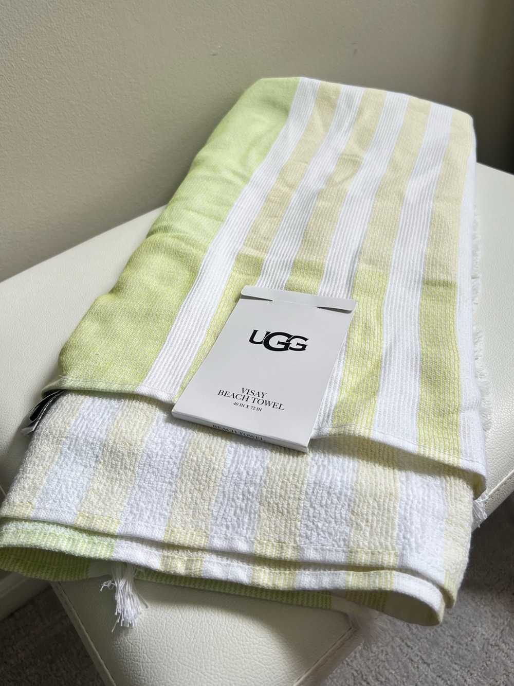 UGG Striped Beach Towel - White & Light Lime 40” X 72” NEW!!